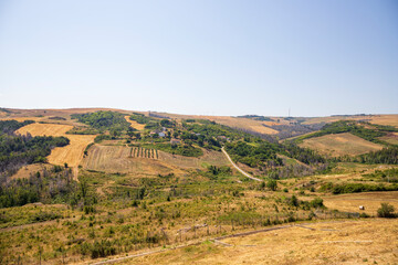 Typical Apulian landscape of southern Italy with hills, plains, fields. Apulia countryside view.