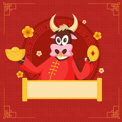 Cartoon Ox Character Holding Ingot With Qing Ming Coin And Empty Scroll Paper Given For Message On Red Background.