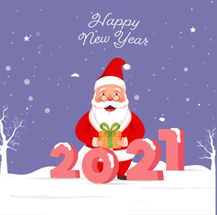 Fototapeta na wymiar 3D 2021 Number With Cheerful Santa Claus Holding A Git Box On Snow Falling Background For Happy New Year Celebration.