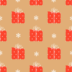 Christmas or new year seamless pattern with gift box on cardboard color background vector illustration.