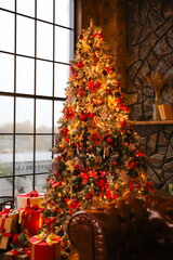 Stylish room interior with beautiful Christmas tree in evening
- 391482786