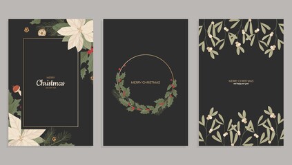 Merry Christmas and New Year 2021 cards with realistic christmas tree branches, fir-cones, mistletoe and holly, ilex.