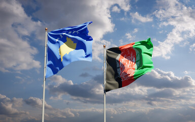 Beautiful national state flags of Kosovo and Afghanistan together at the sky background. 3D artwork concept.