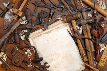 Vintage tools on a workbench - Space for text