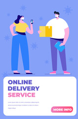 Young woman receiving parcel from delivery service courier.  Internet Delivery concept. Flat vector illustration