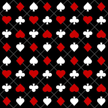 Seamless pattern with Playing card suits. Hearts, Spades, Diamonds, Clubs. Endless background. Vector illustration.