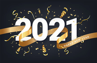 Happy new 2021 year. Winter holiday greeting card design template with golden confetti and tape. New Year holiday posters. Happy New Year dark festive background. Vector illustration.