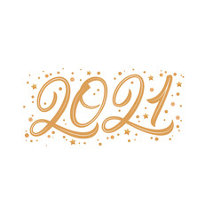 Happy new year 2021. Hand written lettering text. Golden numbers with confetti. White background. Vector illustration.