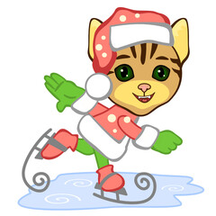 happy cat ice skating, color vector emoticon on white isolated background