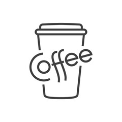 Icono vaso de café. Logotipo con tipografía Coffee en vaso de plastico con tapa en líneas de color gris