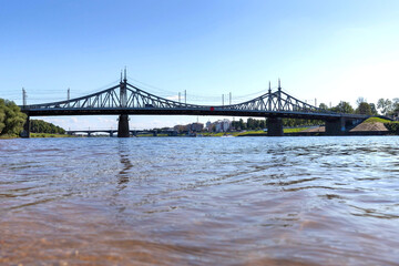 Tver. Tver region. Walk along the Volga. View of the New Volga bridge and the old Volga bridge.