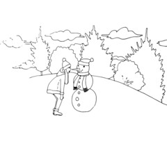 Obraz premium Girl snowman tree coloring sheet monochrome hand drawn ink Winter design element stock vector illustration for web for print for coloring page