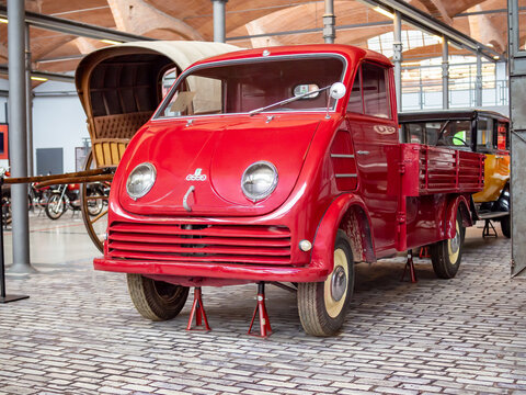 TERRASSA, SPAIN-MARCH 19, 2019: 1955 DKW Auto Union Schnellaster Tieflader 3=6 in the National Museum of Science and Technology of Catalonia