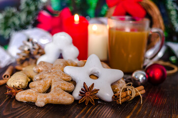 hot drink and christmas gingerbread cookie