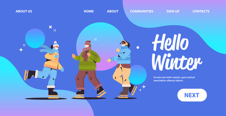 friends in mask skating on ice rink mix race people having winter fun outdoors activities coronavirus quarantine concept full length horizontal copy space vector illustration