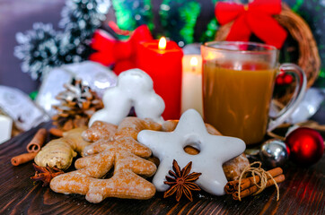 hot drink and christmas gingerbread cookie