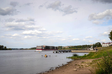 Uglich. Cruise ship on the Volga. Before a storm