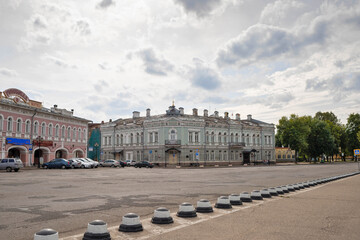 Fototapeta premium Uglich. Yaroslavl region. Historic buildings on the Dormition square. Summer day.