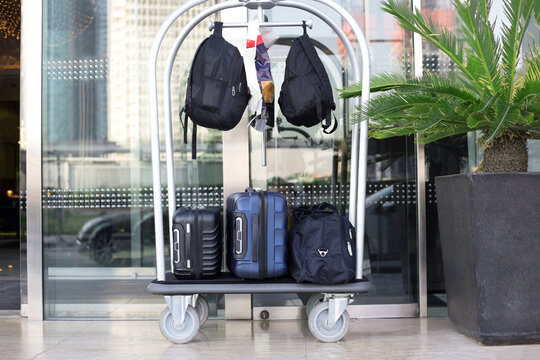 Luggage cart with suitcases, bags and backpacks stands near a green palm tree at the entrance. Metall baggage trailer with luggage