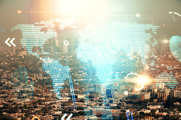 Map and data theme hologram on city view with skyscrapers background double exposure. International technology in business concept.