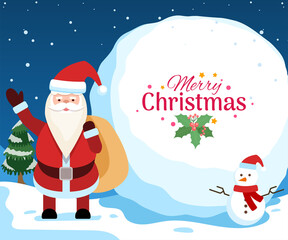 Christmas greeting poster with Santa and snowman