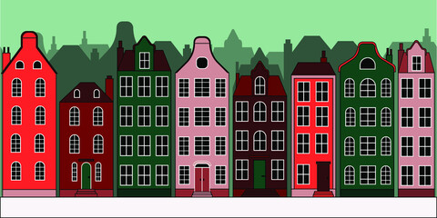 Vector image of a European city. Seamless pattern. Flat illustration.