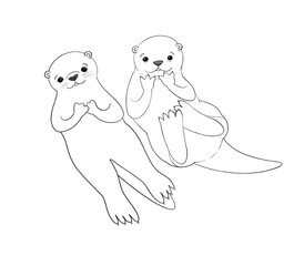 Couple of cute sea otters. Illustration.