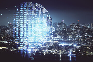 Brain hologram drawing on city scape background Double exposure. Brainstorming concept.