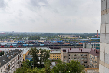 Yaroslavl. Yaroslavl. Foggy rainy morning. Top view of residential buildings and the railway
