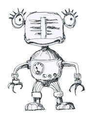 Robot, cartoon character. Ink illustration.	
