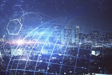 Fototapeta premium Map and data theme hologram on city view with skyscrapers background double exposure. International technology in business concept.