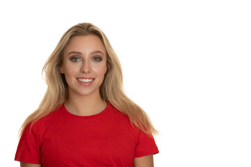 Fototapeta premium Portrait of a cute teenage girl in red tshirt over white