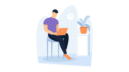A man sitting on a chair and working at home. Work illustration. Vector illustration