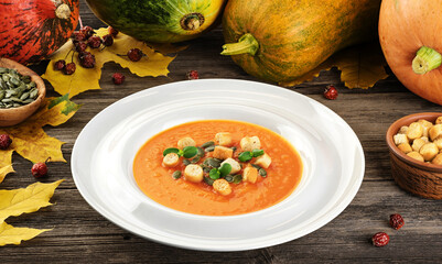 Pumpkin cream soup with croutons and seeds on wooden background.