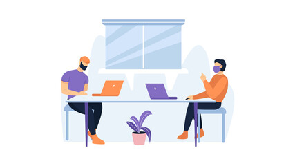 Men in masks work using laptops in the office. Office work Illustration. Vector illustration
