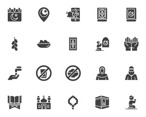 Islamic religion vector icons set, modern solid symbol collection, filled style pictogram pack. Signs logo illustration. Set includes icons as muslim man praying, holy quran book, mosque, muslim woman