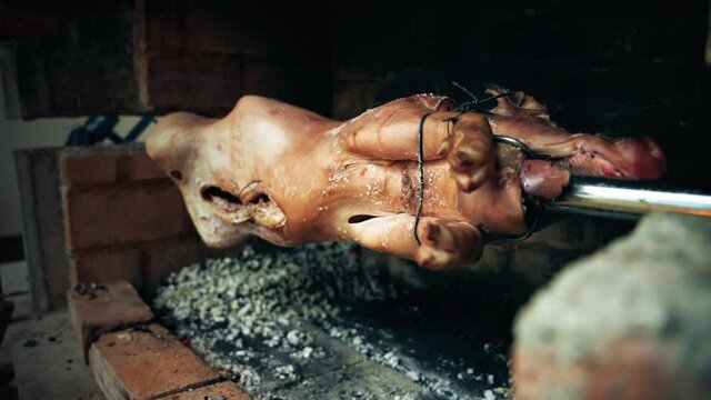 Close-up Serbian "Pecenje" roasted pig on a skewer turning over hot ash for an Orthodox event called "slava"