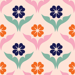 Vector half drop folk floral seamless pattern.