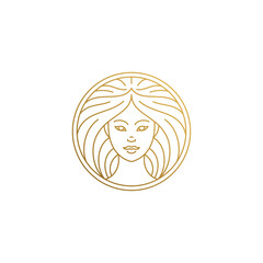 Outline female face logo in circle hand drawn with thin lines