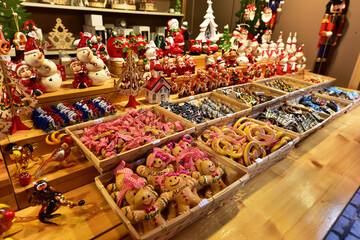 Red color Christmas decoration on christmas market stall