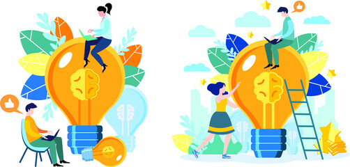 Modern bright flat design. Team work, search for ideas, brainstorming, large bulb is a great idea.