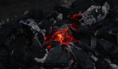 barbecue in the garden, close-up of glowing embers, grill in the garden