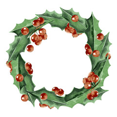 Watercolor winter Christmas wreath. Painted isolated hand drawn illustration