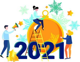 The new year is 2021. Modern flat illustration. Preparing for the new year. Corporate party celebration. Calleries are working. A big Christmas tree toy with small people.