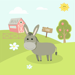 
cartoon cute donkey on-farm landscape background, countryside with an animal in cute flat style and pastel colors