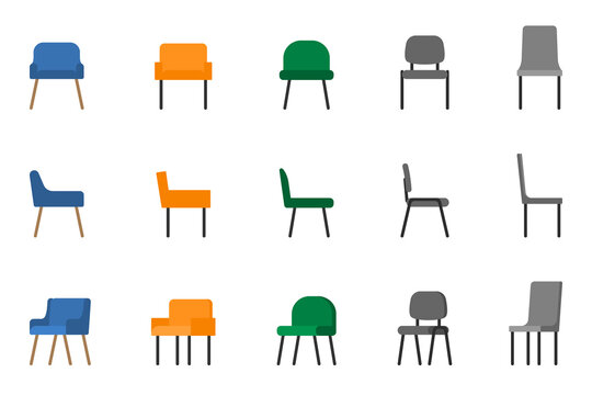 Isolated modern soft fabric office arm chair vector illustration icon set. Front, side view colored seat on white