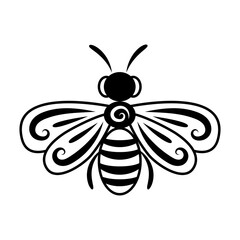 Bee stylized black line drawing with ornate elements. Logo. Label. The isolated object on a white background. Vector illustration. Insect.