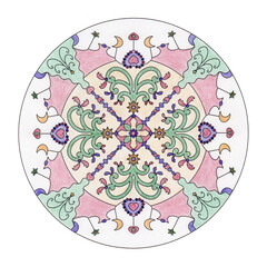 Christmas mandala. Colored with colored pencils. Illustration. Fancy christmas tree and little hearts.