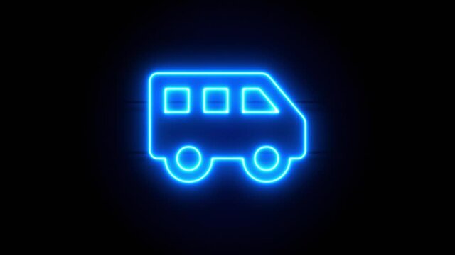 Shuttle Van neon sign appear in center and disappear after some time. Animated blue neon icon on black background. Looped animation.