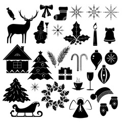 Christmas and new year silhouettes on white background. Flat and minimalistic design for winter holidays season. Vector icons collection.